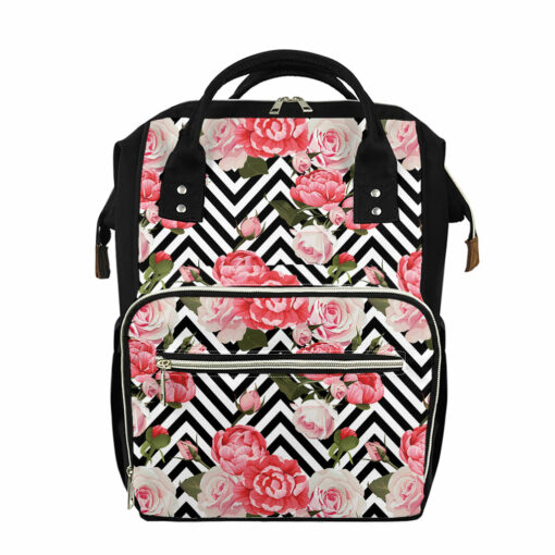 Zigzag Peony And Rose Pattern Print Diaper Bag